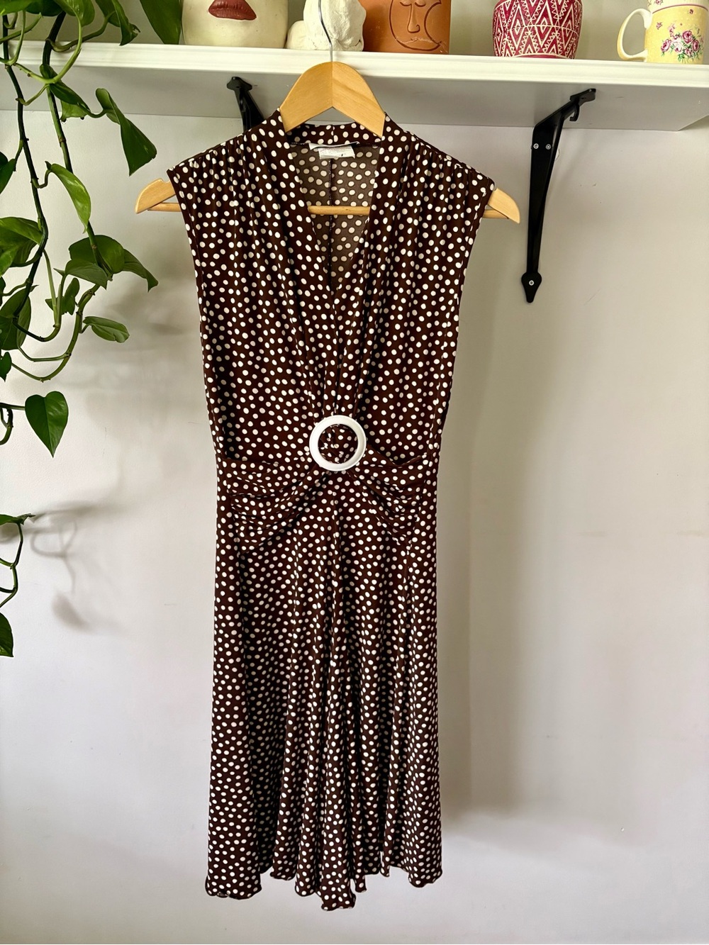 Jessica Brown Polka Dot Midi Dress with White Buckle